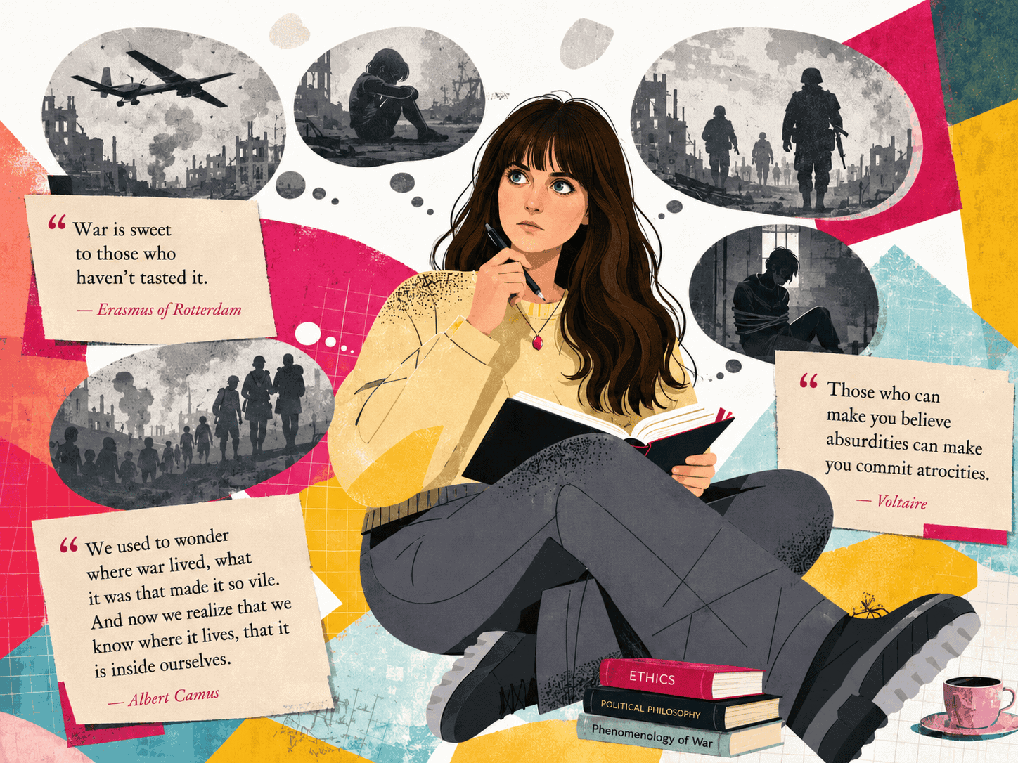Illustration for “Ethical Ontology of War” — Dr. Nataliia Reva amid thought-bubble war scenes and quotes from Erasmus, Camus and Voltaire, with books on ethics and the phenomenology of war