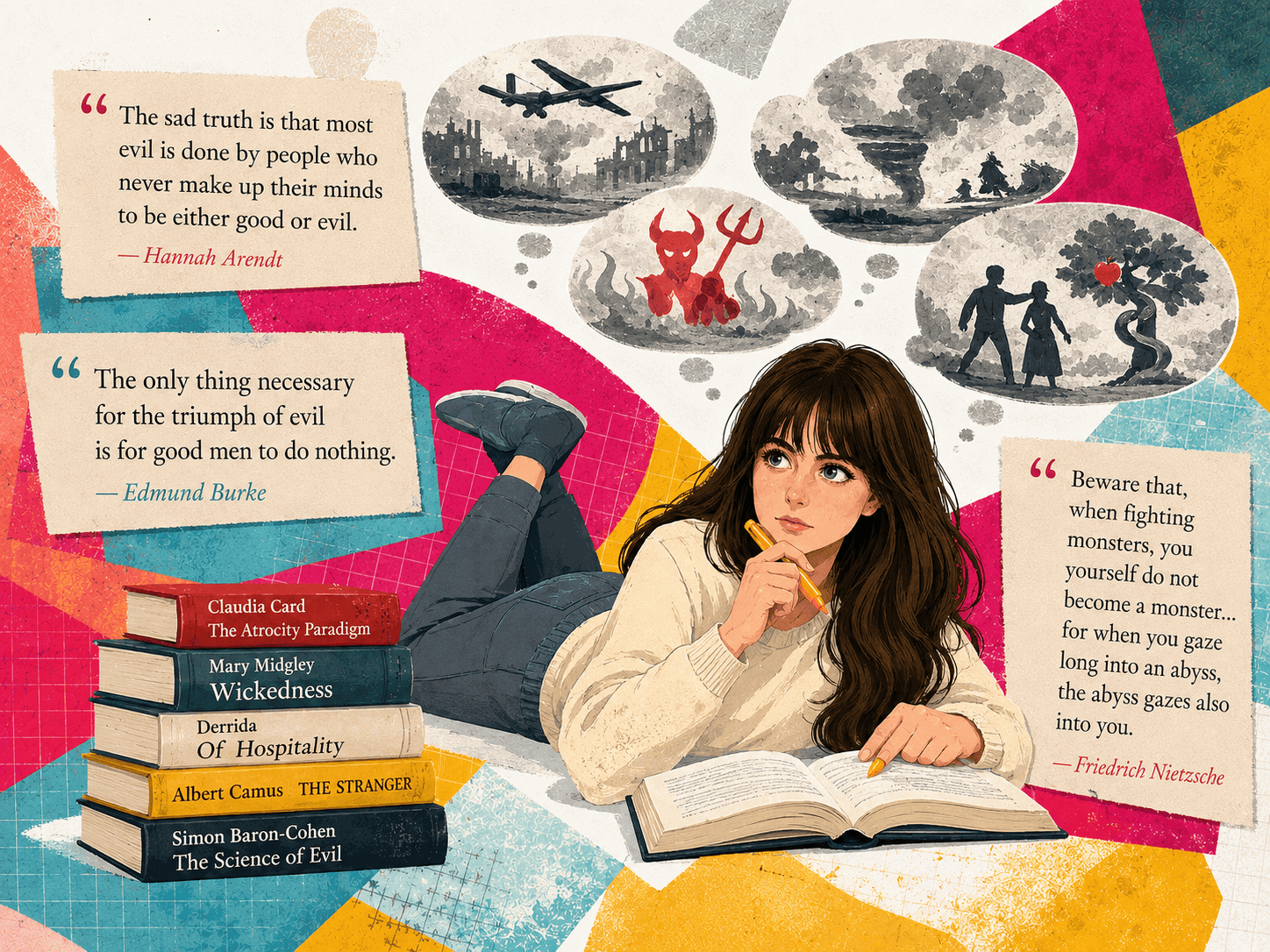 Illustration for “Evil as Embodied Experience” — Dr. Nataliia Reva reading amid thought-bubble images of evil and quotes from Hannah Arendt, Edmund Burke and Nietzsche