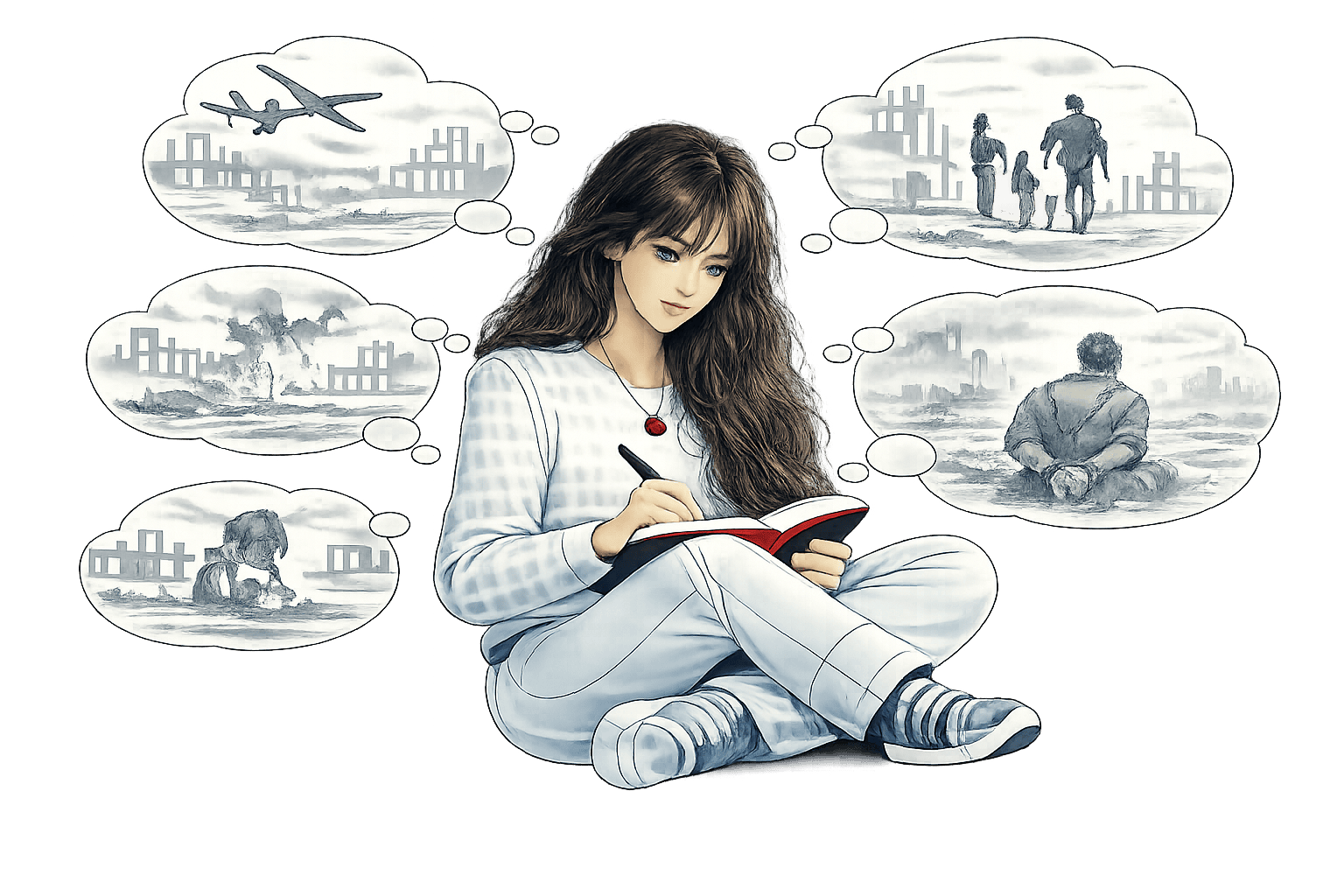 Dr. Nataliia Reva — philosophy of war illustration Illustration of Dr. Nataliia Reva writing in a notebook, surrounded by thought-bubble sketches of war, reflecting her research on the philosophy of war